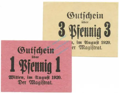 Witten , Notgeld Set mit 2 Scheinen unc-kfr. Tieste 8010.25.15-16 , Westfalen 1920 Verkehrsausgabe