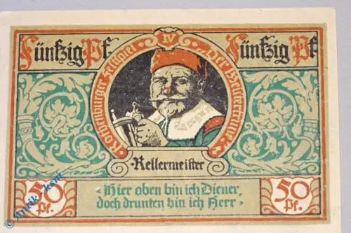 Notgeld Rothenburg , Einzelschein über 50 Pfennig rot Kellermeister , Mehl Grabowski 1142.3 , von 1921 , Bayern Seriennotgeld