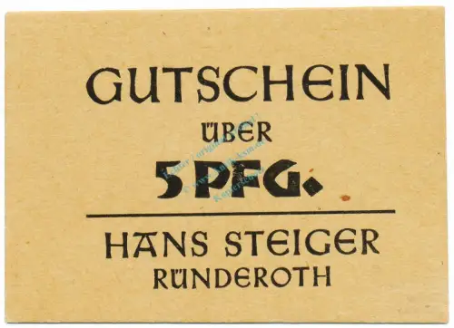 Rüdenroth , Notgeld 5 Pfennig Schein -Steiger- unc-kfr. Westfalen o.D. Notgeld 1945-48