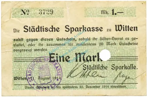Witten , Notgeld 1 Mark Schein gbr.E Diessner 435.7.a , Westfalen 1914 Notgeld 1914-15