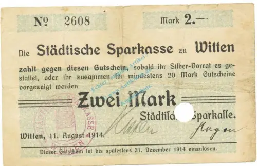 Witten , Notgeld 2 Mark Schein gbr.E Diessner 435.4 , Westfalen 1914 Notgeld 1914-15