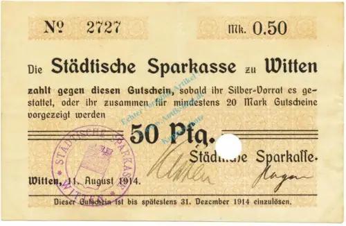 Witten , Notgeld 50 Pfennig Schein gbr.E Diessner 435.6.a , Westfalen 1914 Notgeld 1914-15