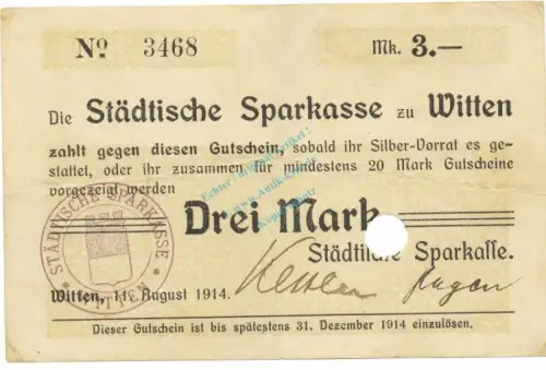 Witten , Notgeld 3 Mark Schein gbr.E Diessner 435.10.a , Westfalen 1914 Notgeld 1914-15