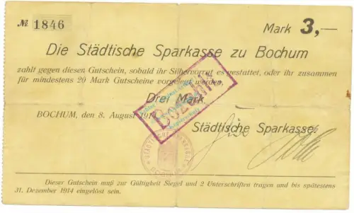 Bochum , Notgeld 3 Mark Schein gbr.E Diessner 36.3.a , Westfalen 1914 Notgeld 1914-15