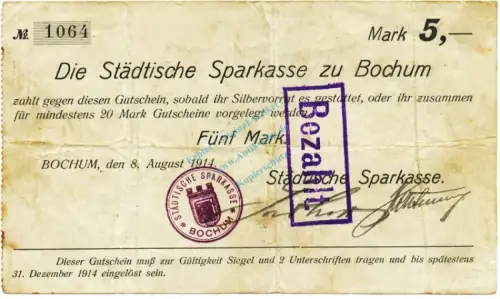 Bochum , Notgeld 5 Mark Schein gbr.E Diessner 36.4.a , Westfalen 1914 Notgeld 1914-15
