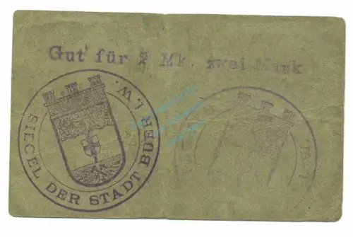 Vorlage NG  - GEBRAUCHT -Buer , Notgeld 2 Mark Schein gbr. Diessner 56.5.b , Westfalen o.D. Notgeld 1914-15