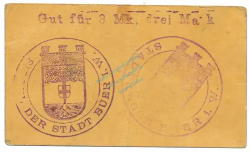 Buer , Notgeld 3 Mark Schein gbr. Diessner 56.5.d , Westfalen o.D. Notgeld 1914-15