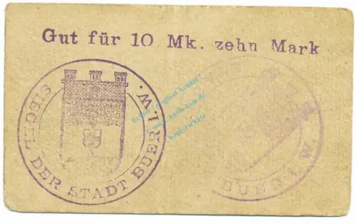 Buer , Notgeld 10 Mark Schein gbr. Diessner 56.5.f , Westfalen o.D. Notgeld 1914-15