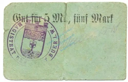 Buer , Notgeld 5 Mark Schein gbr-. Diessner 56.2.d , Westfalen o.D. Notgeld 1914-15