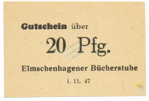 Elmschenhagen , Notgeld 20 Pfennig Schein unc-kfr. Schleswig 1947 Notgeld 1945-48