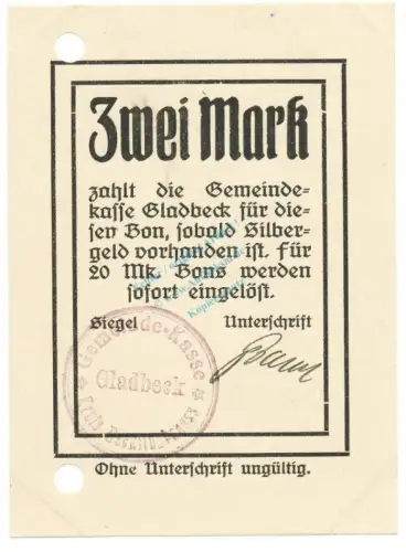 Gladbeck , Notgeld 2 Mark Schein unc-kfr.E Diessner 120.5.a , Westfalen o.D. Notgeld 1914-15