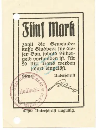 Gladbeck , Notgeld 5 Mark Schein unc-kfr.E Diessner 120.7 , Westfalen o.D. Notgeld 1914-15