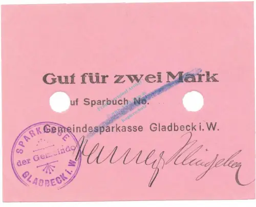 Gladbeck , Notgeld 2 Mark Schein unc-kfr.E Diessner 121.2.b , Westfalen o.D. Notgeld 1914-15