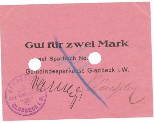 Gladbeck , Notgeld 2 Mark Schein unc-kfr.E Diessner 121.2.a , Westfalen o.D. Notgeld 1914-15