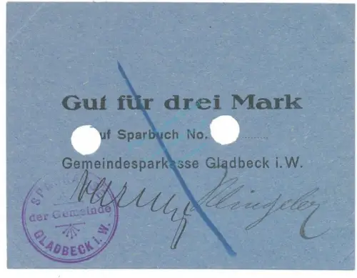 Gladbeck , Notgeld 3 Mark Schein unc-kfr.E Diessner 121.3 , Westfalen o.D. Notgeld 1914-15