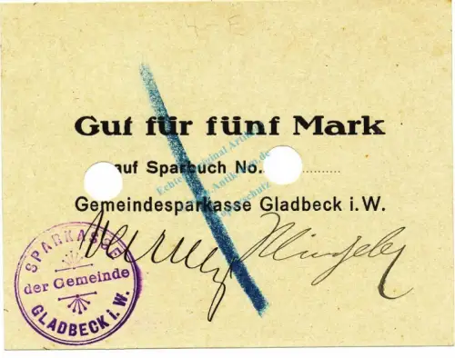 Gladbeck , Notgeld 5 Mark Schein unc-kfr.E Diessner 121.4 , Westfalen o.D. Notgeld 1914-15