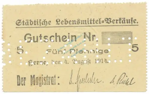 Herne , Notgeld 5 Pfennig Schein unc-kfr.E Diessner 148.1.c , Westfalen 1914 Notgeld 1914-15