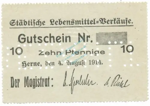 Herne , Notgeld 10 Pfennig Schein unc-kfr.E Diessner 148.2.c , Westfalen 1914 Notgeld 1914-15