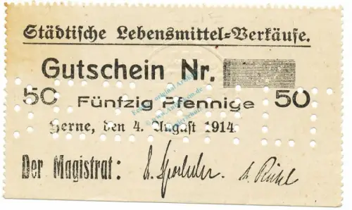 Herne , Notgeld 50 Pfennig Schein unc-kfr.E Diessner 148.3.c , Westfalen 1914 Notgeld 1914-15
