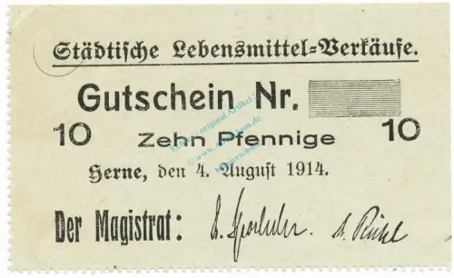 Herne , Notgeld 10 Pfennig Schein unc-kfr. Diessner 148.2.d , Westfalen 1914 Notgeld 1914-15