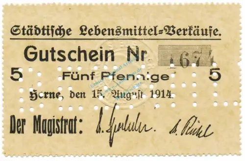 Herne , Notgeld 5 Pfennig Schein unc-kfr.E Diessner 148.7.a , Westfalen 1914 Notgeld 1914-15