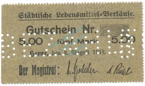 Herne , Notgeld 5 Mark Schein unc-kfr.E Diessner 148.6.d , Westfalen 1914 Notgeld 1914-15