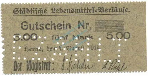 Herne , Notgeld 5 Mark Schein unc-kfr.E Diessner 148.6.c , Westfalen 1914 Notgeld 1914-15