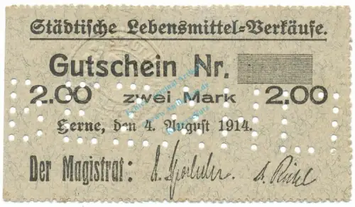 Herne , Notgeld 2 Mark Schein unc-kfr.E Diessner 148.5.c , Westfalen 1914 Notgeld 1914-15