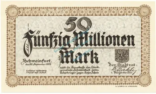 Schweinfurt , Banknote 50 Millionen Mark -MUSTER- unc-kfr. Keller 5092... Bayern 1923 Inflation