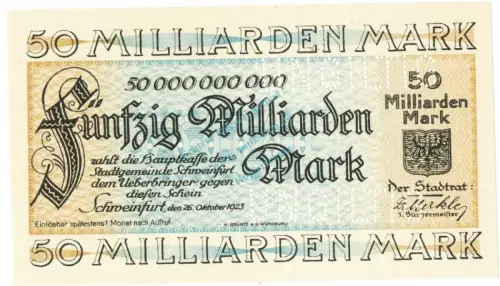 Schweinfurt , Banknote 50 Milliarden Mark -MUSTER- unc-kfr. Keller 5092... Bayern 1923 Inflation