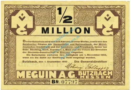 Butzbach , Banknote 1 halbe Million Mark Schein L-gbr. Keller 702.b , Hessen 1923 Inflation