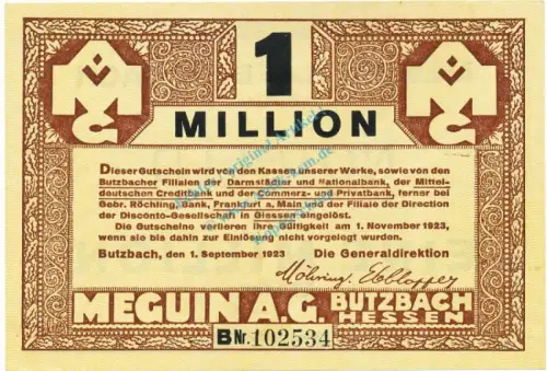 Butzbach , Banknote 1 Million Mark Schein unc-kfr. Keller 702.b , Hessen 1923 Inflation