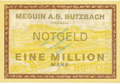 Butzbach , Banknote 1 Million Mark Schein unc-kfr. Keller 702.b , Hessen 1923 Inflation