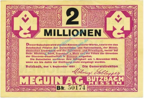 Butzbach , Banknote 2 Millionen Mark Schein unc-kfr. Keller 702.b , Hessen 1923 Inflation