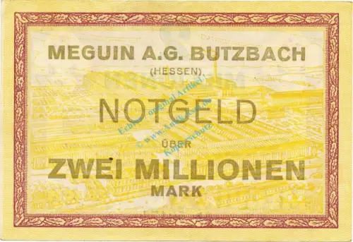 Butzbach , Banknote 2 Millionen Mark Schein unc-kfr. Keller 702.b , Hessen 1923 Inflation