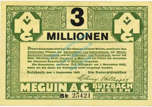 Butzbach , Banknote 3 Millionen Mark Schein L-gbr. Keller 702.b , Hessen 1923 Inflation