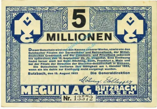 Butzbach , Banknote 5 Millionen Mark Schein L-gbr. Keller 702.a , Hessen 1923 Inflation