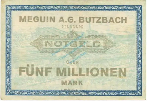 Butzbach , Banknote 5 Millionen Mark Schein L-gbr. Keller 702.a , Hessen 1923 Inflation