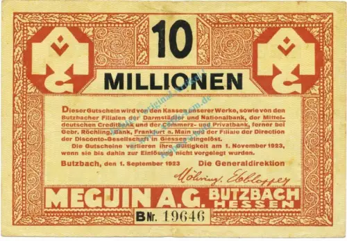 Butzbach , Banknote 10 Millionen Mark Schein gbr. Keller 702.b , Hessen 1923 Inflation