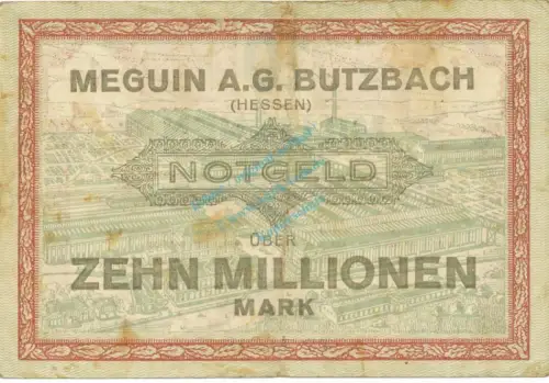 Butzbach , Banknote 10 Millionen Mark Schein gbr. Keller 702.b , Hessen 1923 Inflation
