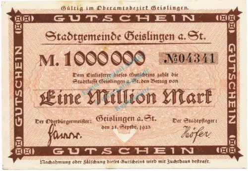 Geislingen , Banknote 1 Million Mark L-gbr. Keller 1693.a Württemberg 1923 Inflation
