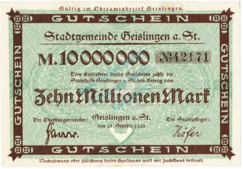 Geislingen , Banknote 10 Million Mark unc-kfr. Keller 1693.a Württemberg 1923 Inflation