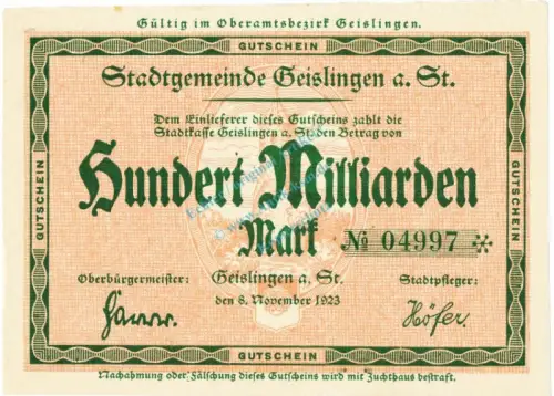 Geislingen , Banknote 100 Milliarden Mark unc-kfr. Keller 1693.d Bayern 1923 Inflation