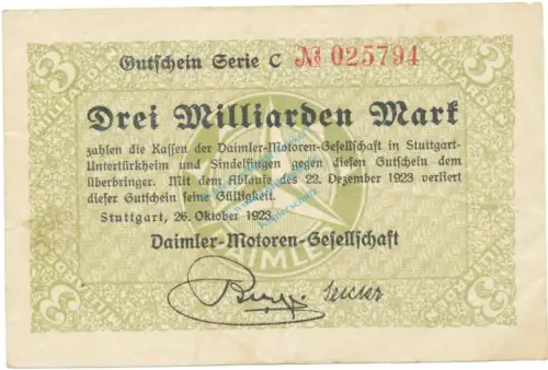 Stuttgart , Banknote 3 Milliarden Mark F-kfr. Keller 4923.a Württemberg 1923 Inflation