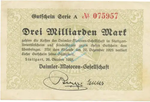 Stuttgart , Banknote 3 Milliarden Mark gbr. Keller 4923.a Württemberg 1923 Inflation