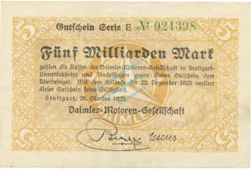 Stuttgart , Banknote 5 Milliarden Mark gbr. Keller 4923.b , Württemberg 1923 Inflation