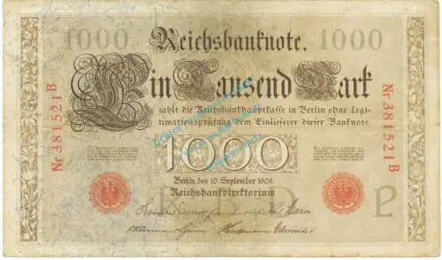 1000 Mark Schein 1909 gbr. DEU.36, Ros.39, P.39 deutsches Kaiserreich -1311