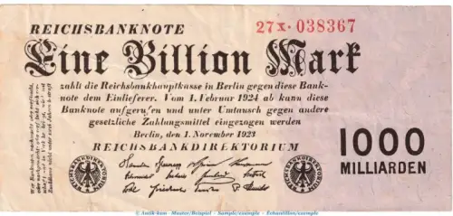 Reichsbanknote , 1 Billion Mark Schein in gbr. DEU-155.b, Ros.126, P.129 , vom 01.11.1923 , Weimarer Republik - Inflation