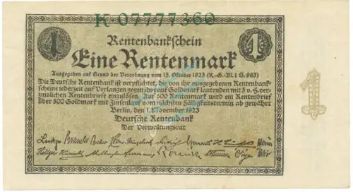 1 Rentenmark Schein 1923 L-gbr. DEU.199, Ros.154, P.161 deutsche Rentenbank -1313