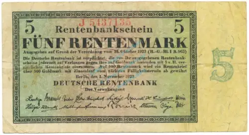5 Rentenmark Schein 1923 gbr. DEU.201, Ros.156, P.163 deutsche Rentenbank -1314